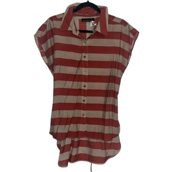 Feathers Red & Beige Striped Short Sleeve Button-Up Blouse With Tie Waist - Size - Picture 1 of 7